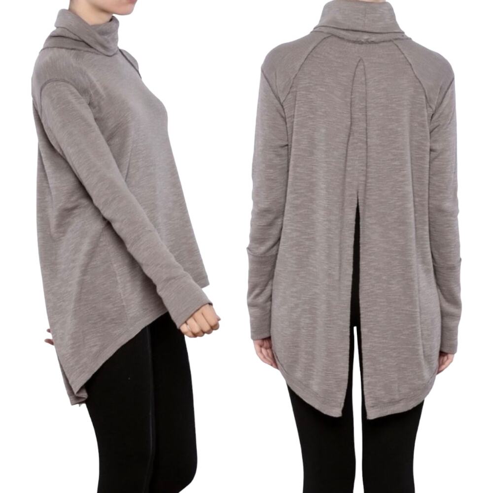 Free People Split Back Turtleneck Top XS Tan Boho Casual Basic Layer Taupe